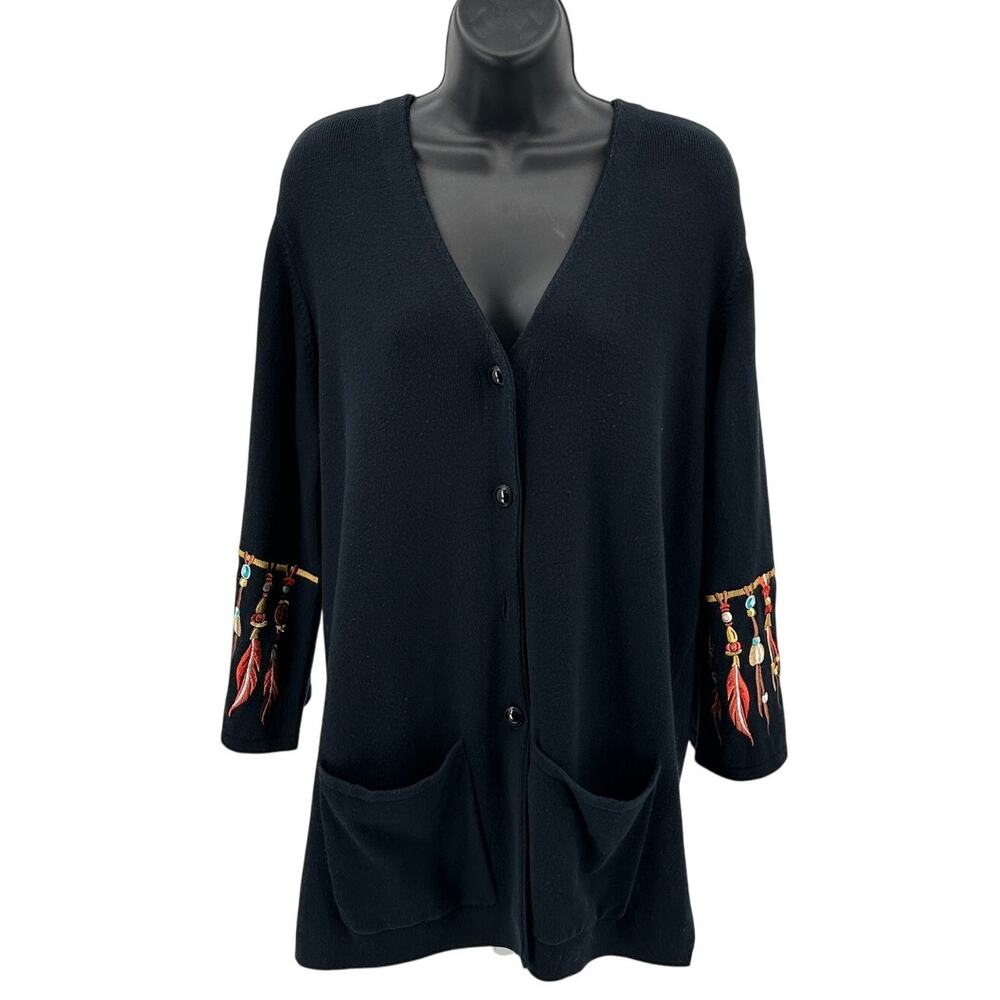 Bob Mackie Wearable Art Cardigan WMNS L Black Western Dream Catcher Embroidered